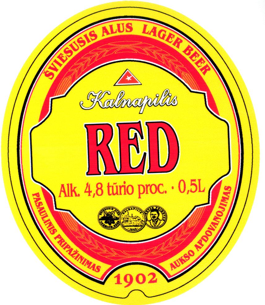 Prekės ženklas: Kalnapilis RED ŠVIESUSIS ALUS LAGER BEER PASAULINIS PRIPAŽINIMAS AUKSO APDOVANOJIMAS 1902